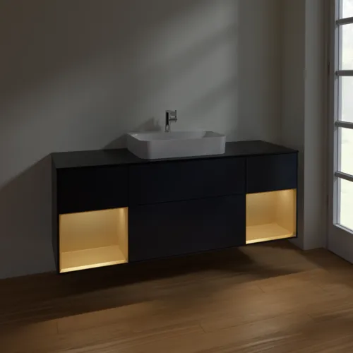 VILLEROY BOCH Toaletní skříňka Finion, s osvětlením, 4 výsuvy, 1600 x 603 x 501 mm, Midnight Blue Matt Lacquer / Gold Matt Lacquer / Glass Black Matt #F452HFHG, obrázek 3