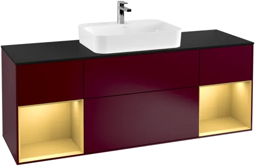 VILLEROY BOCH Toaletní skříňka Finion, s osvětlením, 4 výsuvy, 1600 x 603 x 501 mm, Peony Matt Lacquer / Gold Matt Lacquer / Glass Black Matt #F452HFHB