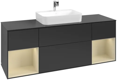 VILLEROY BOCH Toaletní skříňka Finion, s osvětlením, 4 výsuvy, 1600 x 603 x 501 mm, černý matný lak / hedvábně šedý matný lak / černé matné sklo #F452HJPD