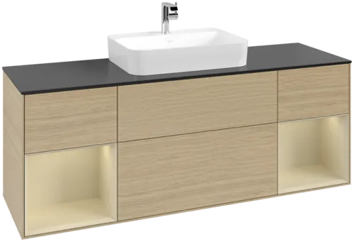 VILLEROY BOCH Toaletní skříňka Finion, s osvětlením, 4 výsuvy, 1600 x 603 x 501 mm, dubová dýha / hedvábně šedý matný lak / sklo černé matné #F452HJPC