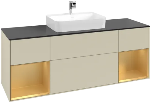 VILLEROY BOCH Toaletní skříňka Finion, s osvětlením, 4 výsuvy, 1600 x 603 x 501 mm, Silk Grey Matt Lacquer / Gold Matt Lacquer / Glass Black Matt #F452HFHJ