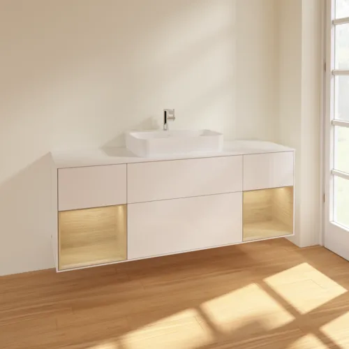 VILLEROY BOCH Toaletní skříňka Finion, s osvětlením, 4 výsuvy, 1600 x 603 x 501 mm, lesklý bílý lak / dubová dýha / sklo bílé matné #F451PCGF, obrázek 2