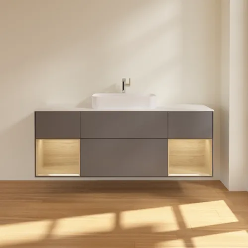 VILLEROY BOCH Toaletní skříňka Finion, s osvětlením, 4 výsuvy, 1600 x 603 x 501 mm, antracit matný lak / dubová dýha / sklo bílé matné #F451PCGK, obrázek 3