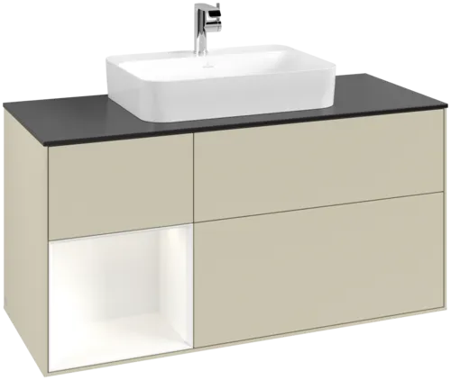 VILLEROY BOCH Toaletní skříňka Finion, s osvětlením, 3 výsuvy, 1200 x 603 x 501 mm, Silk Grey Matt Lacquer / White Matt Lacquer / Glass Black Matt #F412MTHJ