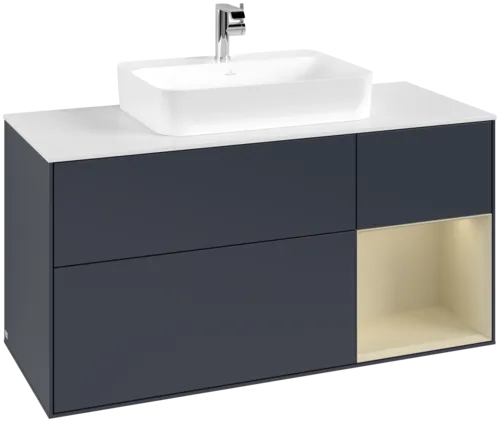 VILLEROY BOCH Toaletní skříňka Finion, s osvětlením, 3 výsuvy, 1200 x 603 x 501 mm, Midnight Blue Matt Lacquer / Silk Grey Matt Lacquer / Glass White Matt #F421HJHG