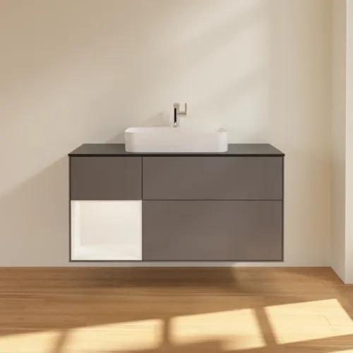 VILLEROY BOCH Toaletní skříňka Finion, s osvětlením, 3 výsuvy, 1200 x 603 x 501 mm, antracitový matný lak / bílý matný lak / černé matné sklo #F412MTGK, obrázek 3