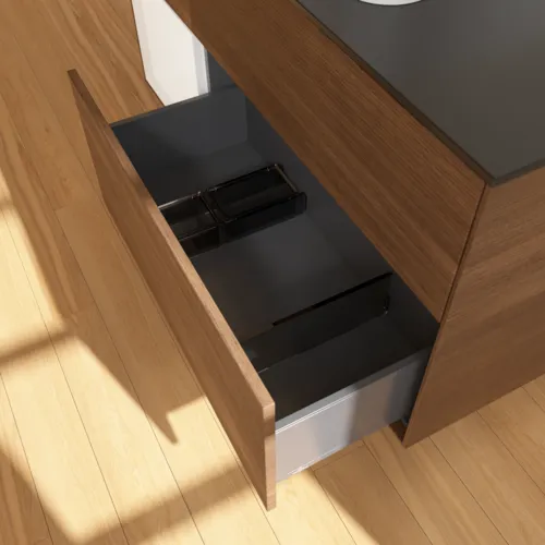 VILLEROY BOCH Toaletní skříňka Finion, s osvětlením, 3 výsuvy, 1200 x 603 x 501 mm, ořechová dýha / bílý matný lak / černé matné sklo #F412MTGN, obrázek 7