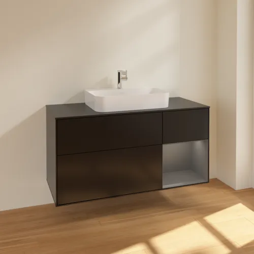 VILLEROY BOCH Toaletní skříňka Finion, s osvětlením, 3 výsuvy, 1200 x 603 x 501 mm, černý matný lak / antracitový matný lak / černé matné sklo #F422GKPD, obrázek 2
