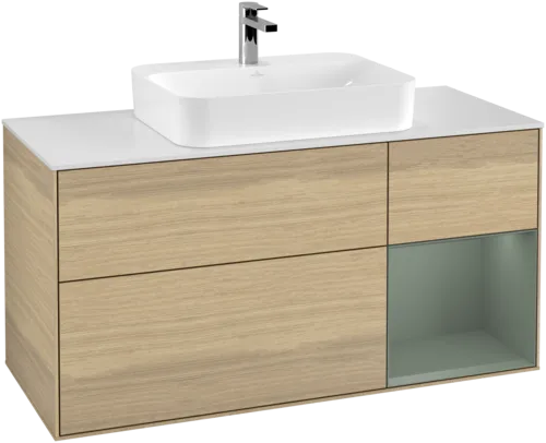 VILLEROY BOCH Toaletní skříňka Finion, s osvětlením, 3 výsuvy, 1200 x 603 x 501 mm, dubová dýha / olivový matný lak / sklo bílé matné #F421GMPC