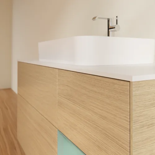 VILLEROY BOCH Toaletní skříňka Finion, s osvětlením, 3 výsuvy, 1200 x 603 x 501 mm, dubová dýha / olivový matný lak / sklo bílé matné #F421GMPC, obrázek 6