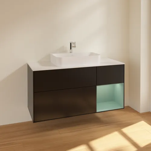 VILLEROY BOCH Toaletní skříňka Finion, s osvětlením, 3 výsuvy, 1200 x 603 x 501 mm, černý matný lak / olivový matný lak / bílé matné sklo #F421GMPD, obrázek 2