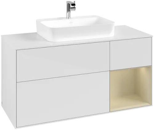 VILLEROY BOCH Toaletní skříňka Finion, s osvětlením, 3 výsuvy, 1200 x 603 x 501 mm, lesklý bílý lak / hedvábně šedý matný lak / bílé matné sklo #F421HJGF