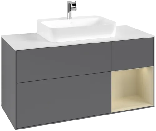 VILLEROY BOCH Toaletní skříňka Finion, s osvětlením, 3 výsuvy, 1200 x 603 x 501 mm, antracitový matný lak / hedvábně šedý matný lak / bílé matné sklo #F421HJGK