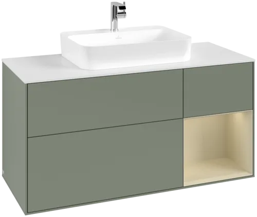 VILLEROY BOCH Toaletní skříňka Finion, s osvětlením, 3 výsuvy, 1200 x 603 x 501 mm, olivový matný lak / hedvábně šedý matný lak / bílé matné sklo #F421HJGM