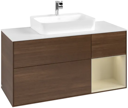 VILLEROY BOCH Toaletní skříňka Finion, s osvětlením, 3 výsuvy, 1200 x 603 x 501 mm, ořechová dýha / hedvábně šedý matný lak / sklo bílé matné #F421HJGN