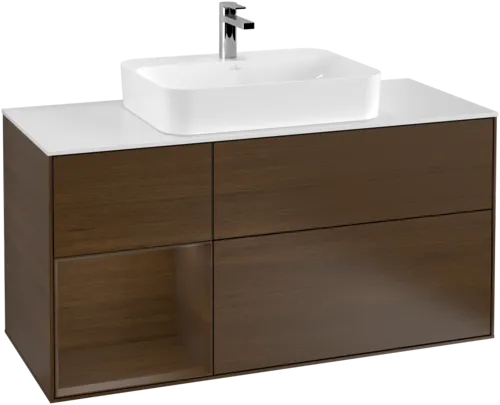 VILLEROY BOCH Toaletní skříňka Finion, s osvětlením, 3 výsuvy, 1200 x 603 x 501 mm, ořechová dýha / ořechová dýha / sklo bílé matné #F411GNGN