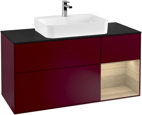 VILLEROY BOCH Toaletní skříňka Finion, s osvětlením, 3 výsuvy, 1200 x 603 x 501 mm, matný lak Peony / dubová dýha / černé matné sklo #F422PCHB