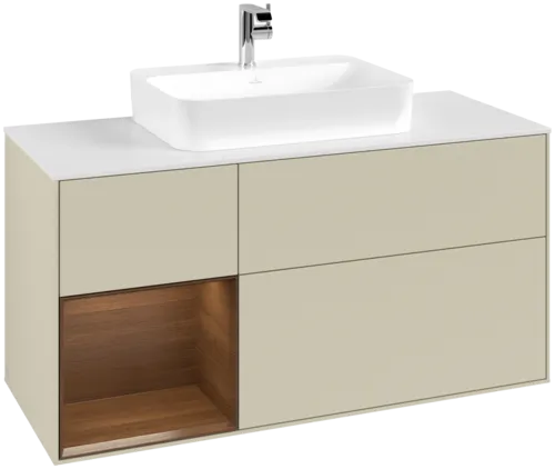 VILLEROY BOCH Toaletní skříňka Finion, s osvětlením, 3 výsuvy, 1200 x 603 x 501 mm, hedvábně šedý matný lak / ořechová dýha / sklo bílé matné #F411GNHJ