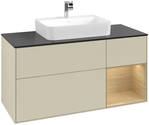 VILLEROY BOCH Toaletní skříňka Finion, s osvětlením, 3 výsuvy, 1200 x 603 x 501 mm, hedvábně šedý matný lak / dubová dýha / černé matné sklo #F422PCHJ