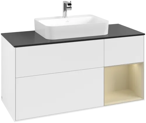 VILLEROY BOCH Toaletní skříňka Finion, s osvětlením, 3 výsuvy, 1200 x 603 x 501 mm, bílý matný lak / hedvábně šedý matný lak / černé matné sklo #F422HJMT