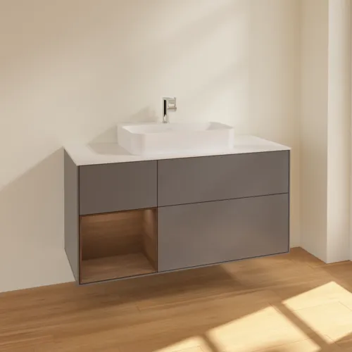 VILLEROY BOCH Toaletní skříňka Finion, s osvětlením, 3 výsuvy, 1200 x 603 x 501 mm, antracit matný lak / ořechová dýha / sklo bílé matné #F411GNGK, obrázek 2
