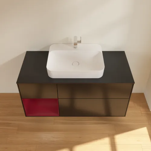 VILLEROY BOCH Toaletní skříňka Finion, s osvětlením, 3 výsuvy, 1200 x 603 x 501 mm, černý matný lak / pivoňkový matný lak / černé matné sklo #F412HBPD, obrázek 4