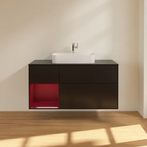 VILLEROY BOCH Toaletní skříňka Finion, s osvětlením, 3 výsuvy, 1200 x 603 x 501 mm, černý matný lak / pivoňkový matný lak / černé matné sklo #F412HBPD, obrázek 3
