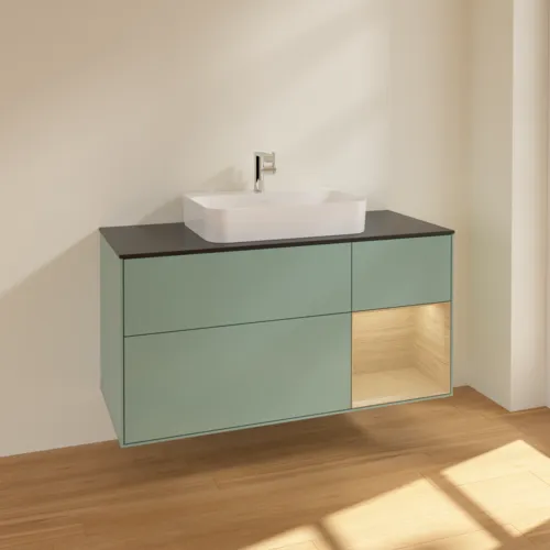 VILLEROY BOCH Toaletní skříňka Finion, s osvětlením, 3 výsuvy, 1200 x 603 x 501 mm, olivový matný lak / dubová dýha / sklo černé matné #F422PCGM, obrázek 2