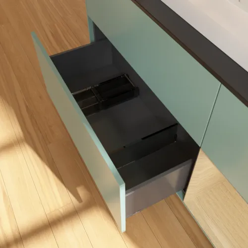 VILLEROY BOCH Toaletní skříňka Finion, s osvětlením, 3 výsuvy, 1200 x 603 x 501 mm, olivový matný lak / dubová dýha / sklo černé matné #F422PCGM, obrázek 7