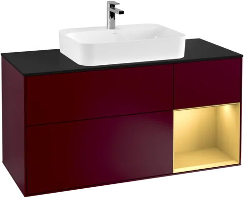 VILLEROY BOCH Toaletní skříňka Finion, s osvětlením, 3 výsuvy, 1200 x 603 x 501 mm, Peony Matt Lacquer / Gold Matt Lacquer / Glass Black Matt #F422HFHB