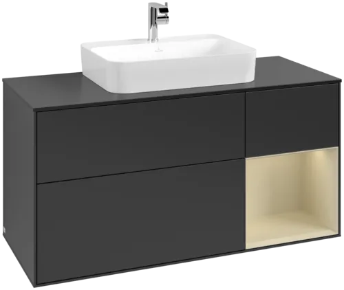 VILLEROY BOCH Toaletní skříňka Finion, s osvětlením, 3 výsuvy, 1200 x 603 x 501 mm, černý matný lak / hedvábně šedý matný lak / černé matné sklo #F422HJPD
