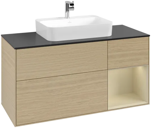 VILLEROY BOCH Toaletní skříňka Finion, s osvětlením, 3 výsuvy, 1200 x 603 x 501 mm, dubová dýha / hedvábně šedý matný lak / sklo černé matné #F422HJPC