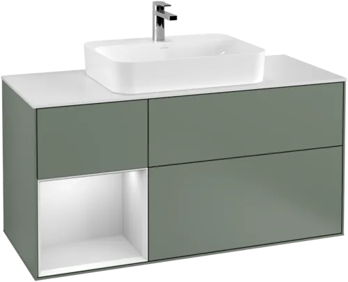 VILLEROY BOCH Toaletní skříňka Finion, s osvětlením, 3 výsuvy, 1200 x 603 x 501 mm, olivový matný lak / bílý matný lak / bílé matné sklo #F411MTGM
