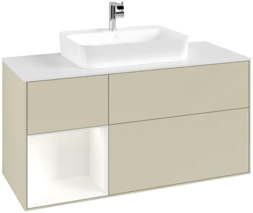 VILLEROY BOCH Toaletní skříňka Finion, s osvětlením, 3 výsuvy, 1200 x 603 x 501 mm, Silk Grey Matt Lacquer / White Matt Lacquer / Glass White Matt #F411MTHJ