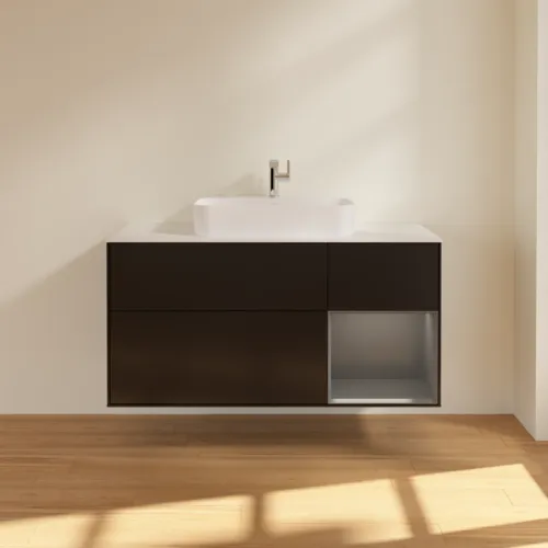 VILLEROY BOCH Toaletní skříňka Finion, s osvětlením, 3 výsuvy, 1200 x 603 x 501 mm, černý matný lak / antracitový matný lak / bílé matné sklo #F421GKPD, obrázek 3