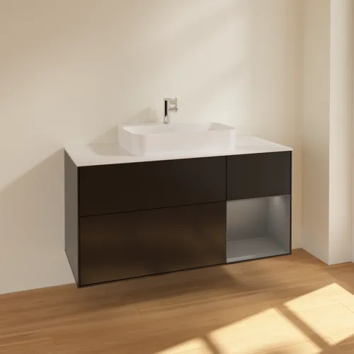 VILLEROY BOCH Toaletní skříňka Finion, s osvětlením, 3 výsuvy, 1200 x 603 x 501 mm, černý matný lak / antracitový matný lak / bílé matné sklo #F421GKPD, obrázek 2