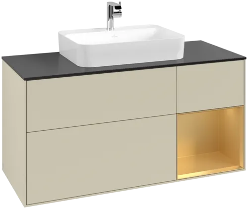 VILLEROY BOCH Toaletní skříňka Finion, s osvětlením, 3 výsuvy, 1200 x 603 x 501 mm, Silk Grey Matt Lacquer / Gold Matt Lacquer / Glass Black Matt #F422HFHJ