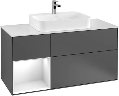 VILLEROY BOCH Toaletní skříňka Finion, s osvětlením, 3 výsuvy, 1200 x 603 x 501 mm, antracitový matný lak / bílý matný lak / bílé matné sklo #F411MTGK