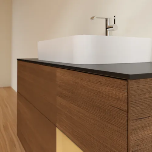 VILLEROY BOCH Toaletní skříňka Finion, s osvětlením, 3 výsuvy, 1200 x 603 x 501 mm, ořechová dýha / zlatý matný lak / černé matné sklo #F422HFGN, obrázek 6