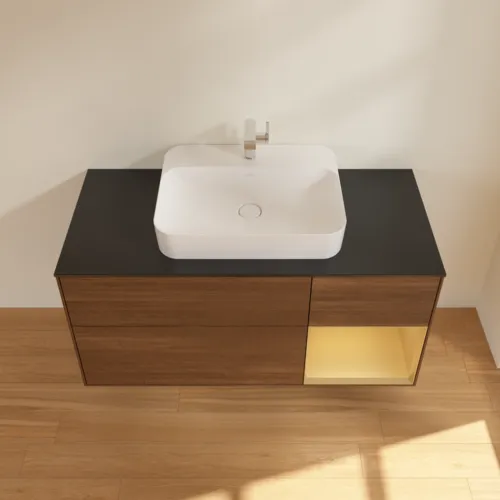 VILLEROY BOCH Toaletní skříňka Finion, s osvětlením, 3 výsuvy, 1200 x 603 x 501 mm, ořechová dýha / zlatý matný lak / černé matné sklo #F422HFGN, obrázek 4