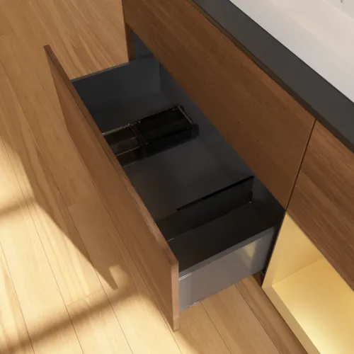 VILLEROY BOCH Toaletní skříňka Finion, s osvětlením, 3 výsuvy, 1200 x 603 x 501 mm, ořechová dýha / zlatý matný lak / černé matné sklo #F422HFGN, obrázek 7
