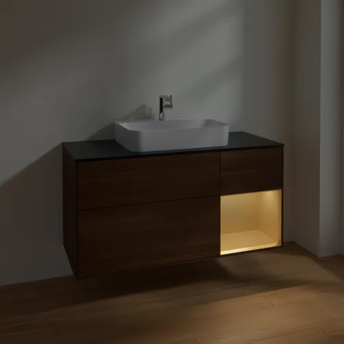 VILLEROY BOCH Toaletní skříňka Finion, s osvětlením, 3 výsuvy, 1200 x 603 x 501 mm, ořechová dýha / zlatý matný lak / černé matné sklo #F422HFGN, obrázek 5
