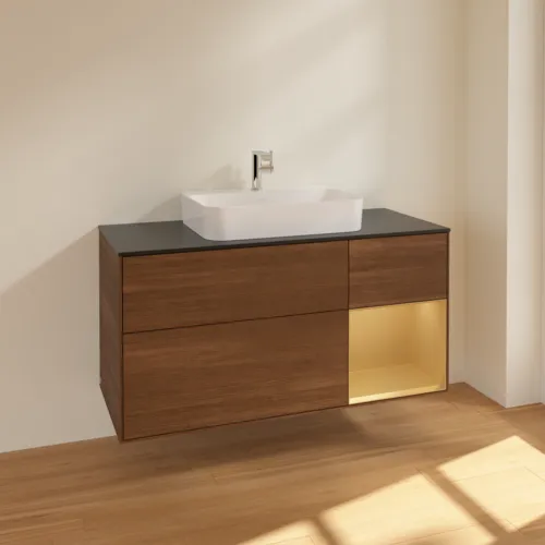 VILLEROY BOCH Toaletní skříňka Finion, s osvětlením, 3 výsuvy, 1200 x 603 x 501 mm, ořechová dýha / zlatý matný lak / černé matné sklo #F422HFGN, obrázek 2