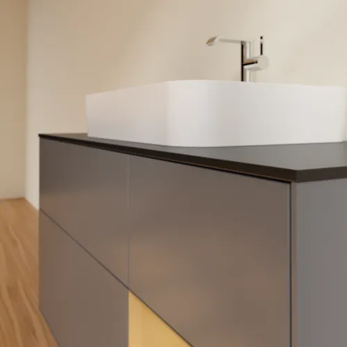 VILLEROY BOCH Toaletní skříňka Finion, s osvětlením, 3 výsuvy, 1200 x 603 x 501 mm, antracit matný lak / zlatý matný lak / černé matné sklo #F422HFGK, obrázek 6