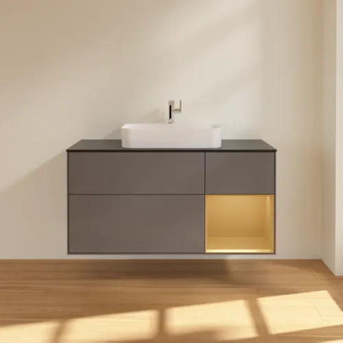 VILLEROY BOCH Toaletní skříňka Finion, s osvětlením, 3 výsuvy, 1200 x 603 x 501 mm, antracit matný lak / zlatý matný lak / černé matné sklo #F422HFGK, obrázek 3
