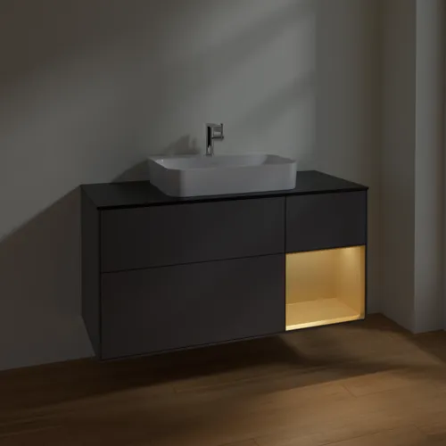 VILLEROY BOCH Toaletní skříňka Finion, s osvětlením, 3 výsuvy, 1200 x 603 x 501 mm, antracit matný lak / zlatý matný lak / černé matné sklo #F422HFGK, obrázek 5