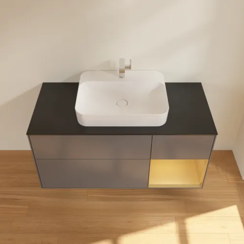 VILLEROY BOCH Toaletní skříňka Finion, s osvětlením, 3 výsuvy, 1200 x 603 x 501 mm, antracit matný lak / zlatý matný lak / černé matné sklo #F422HFGK, obrázek 4
