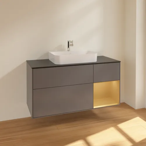 VILLEROY BOCH Toaletní skříňka Finion, s osvětlením, 3 výsuvy, 1200 x 603 x 501 mm, antracit matný lak / zlatý matný lak / černé matné sklo #F422HFGK, obrázek 2