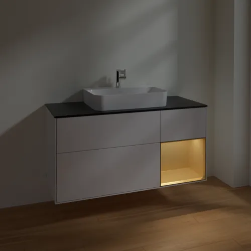 VILLEROY BOCH Toaletní skříňka Finion, s osvětlením, 3 výsuvy, 1200 x 603 x 501 mm, lesklý bílý lak / zlatý matný lak / černé matné sklo #F422HFGF, obrázek 5