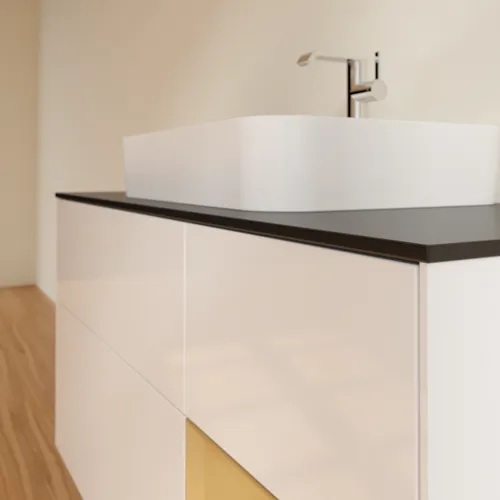 VILLEROY BOCH Toaletní skříňka Finion, s osvětlením, 3 výsuvy, 1200 x 603 x 501 mm, lesklý bílý lak / zlatý matný lak / černé matné sklo #F422HFGF, obrázek 6